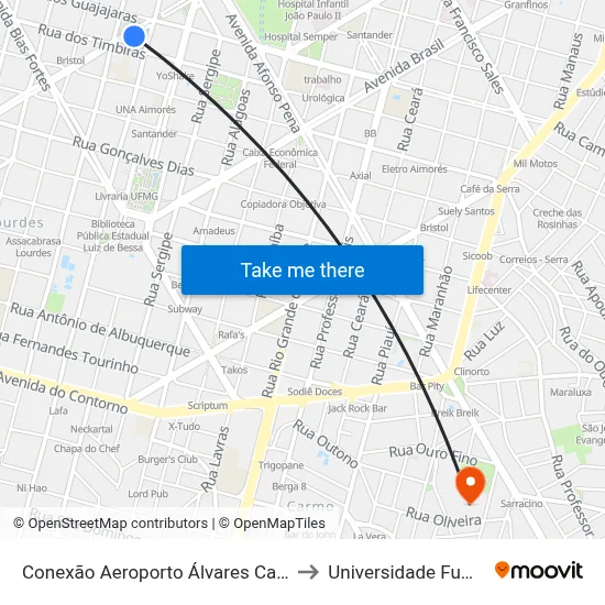 Conexão Aeroporto Álvares Cabral to Universidade Fumec map