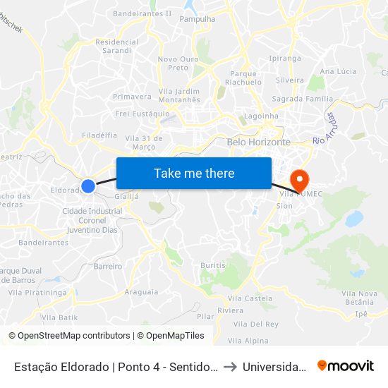 Estação Eldorado | Ponto 4 - Sentido Cid. Industrial/Barreiro to Universidade Fumec map