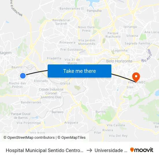 Hospital Municipal Sentido Centro De Contagem to Universidade Fumec map