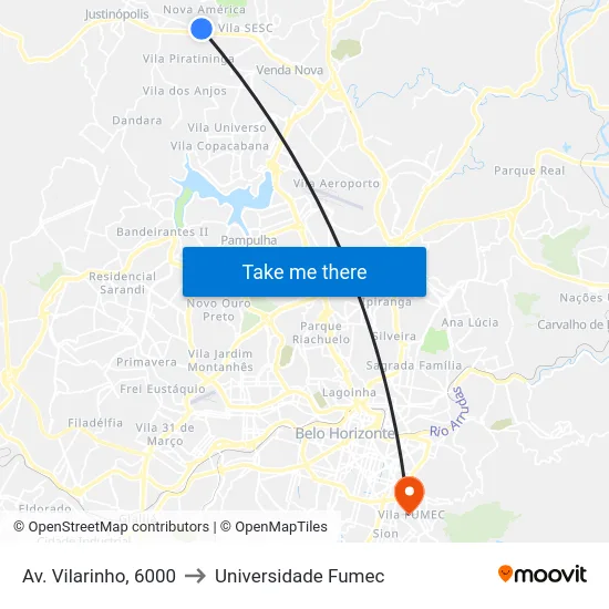 Av. Vilarinho, 6000 to Universidade Fumec map