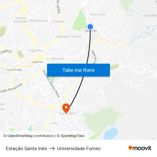 Estação Santa Inês to Universidade Fumec map