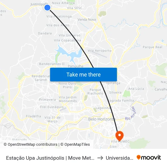 Estação Upa Justinópolis | Move Metropolitano - Sentido Centro to Universidade Fumec map
