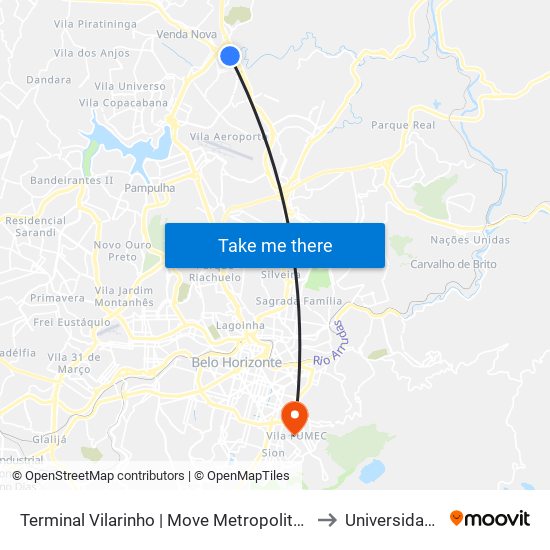 Terminal Vilarinho | Move Metropolitano - Setor Norte, Plat. A to Universidade Fumec map