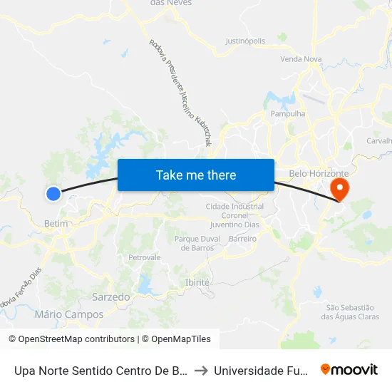 Upa Norte Sentido Centro De Betim to Universidade Fumec map