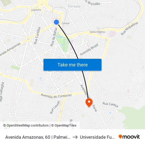 Avenida Amazonas, 60 | Palmeiras 1 to Universidade Fumec map