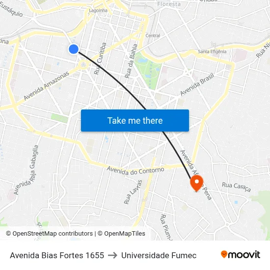 Avenida Bias Fortes 1655 to Universidade Fumec map