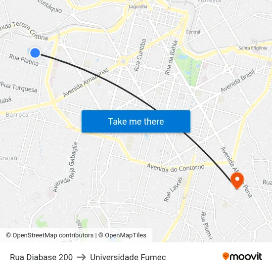 Rua Diabase 200 to Universidade Fumec map