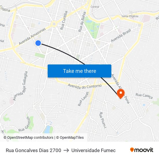 Rua Goncalves Dias 2700 to Universidade Fumec map