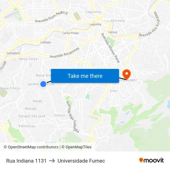 Rua Indiana 1131 to Universidade Fumec map