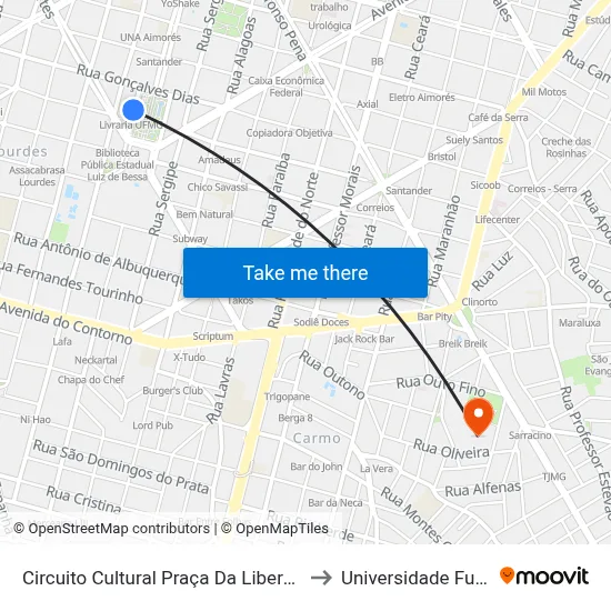 Circuito Cultural Praça Da Liberdade 1 to Universidade Fumec map
