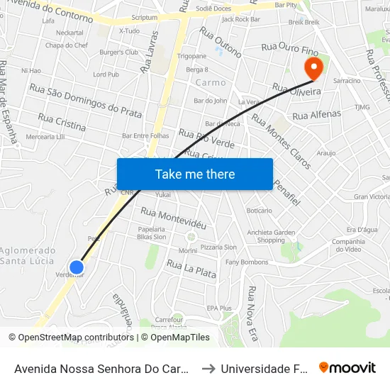 Avenida Nossa Senhora Do Carmo 1900 to Universidade Fumec map