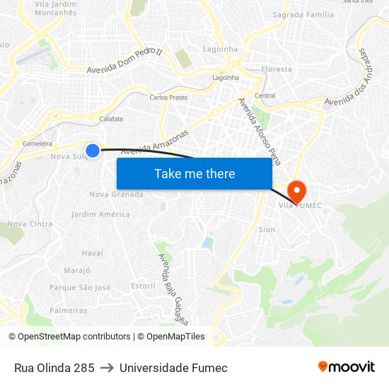 Rua Olinda 285 to Universidade Fumec map