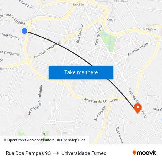 Rua Dos Pampas 93 to Universidade Fumec map