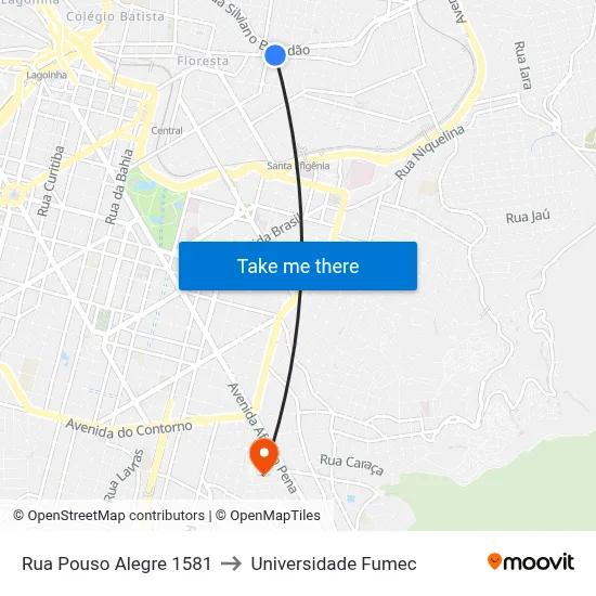 Rua Pouso Alegre 1581 to Universidade Fumec map