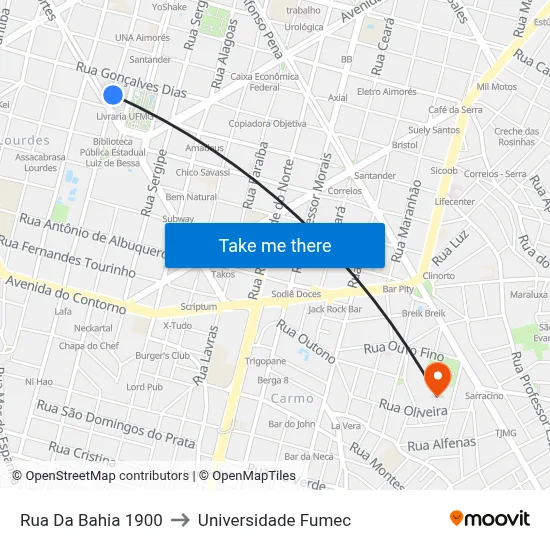 Rua Da Bahia 1900 to Universidade Fumec map