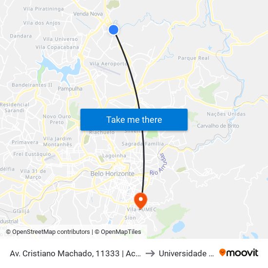 Av. Cristiano Machado, 11333 | Ac. À Vila Clóris to Universidade Fumec map