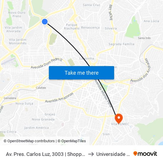 Av. Pres. Carlos Luz, 3003 | Shopping Del Rey 1 to Universidade Fumec map