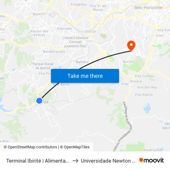 Terminal Ibirité | Alimentadoras to Universidade Newton Paiva map