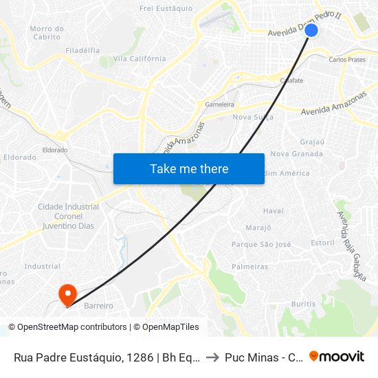 Rua Padre Eustáquio, 1286 | Bh Equipamentos/Francisco's Sorveteria to Puc Minas - Campus Barreiro map