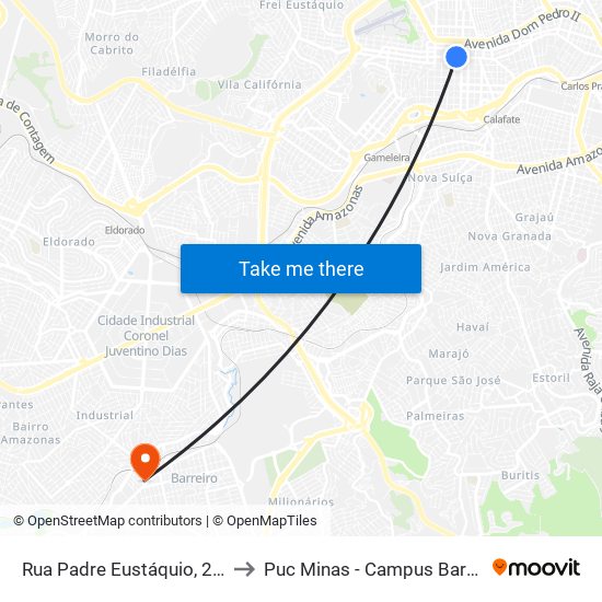 Rua Padre Eustáquio, 2636 to Puc Minas - Campus Barreiro map