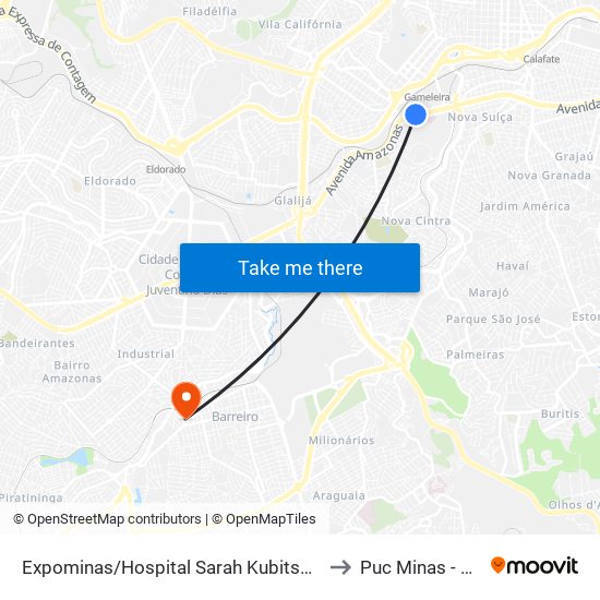 Expominas/Hospital Sarah Kubitschek E Oposto Ao 5º Batalhão Pmmg to Puc Minas - Campus Barreiro map