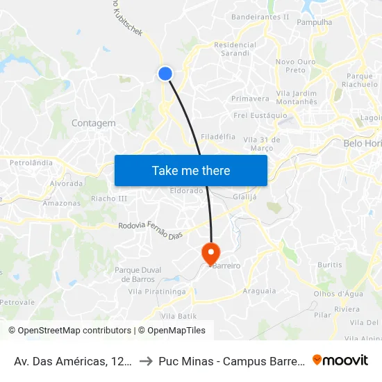 Av. Das Américas, 1205 to Puc Minas - Campus Barreiro map