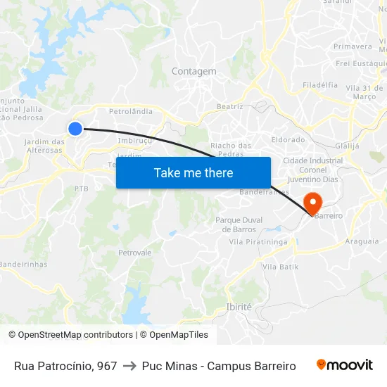 Rua Patrocínio, 967 to Puc Minas - Campus Barreiro map