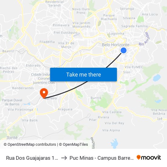 Rua Dos Guajajaras 172 to Puc Minas - Campus Barreiro map