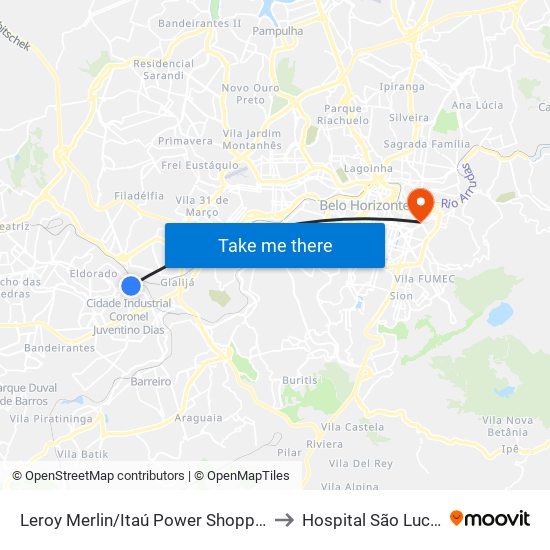 Leroy Merlin/Itaú Power Shopping to Hospital São Lucas map