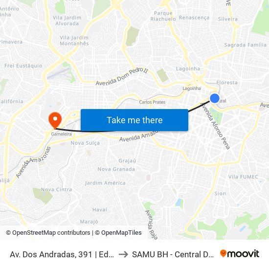 Av. Dos Andradas, 391 | Edifício Central 2 to SAMU BH - Central De Regulação map