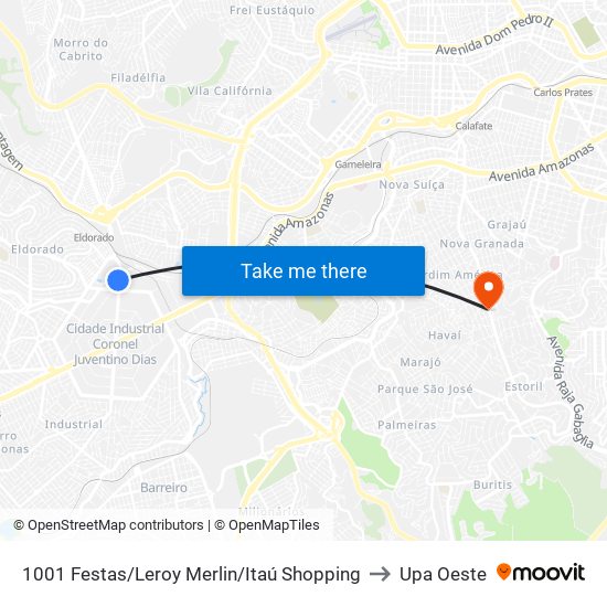 1001 Festas/Leroy Merlin/Itaú Shopping to Upa Oeste map