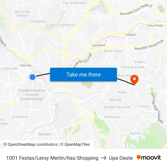 1001 Festas/Leroy Merlin/Itaú Shopping to Upa Oeste map