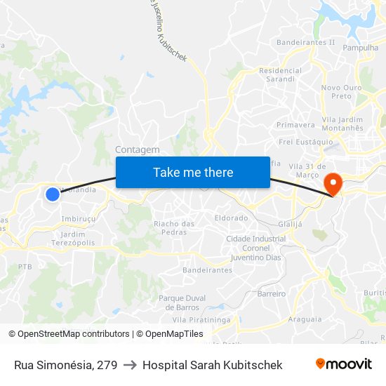 Rua Simonésia, 279 to Hospital Sarah Kubitschek map