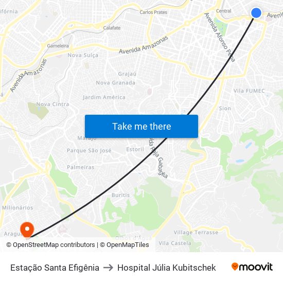 Estação Santa Efigênia to Hospital Júlia Kubitschek map