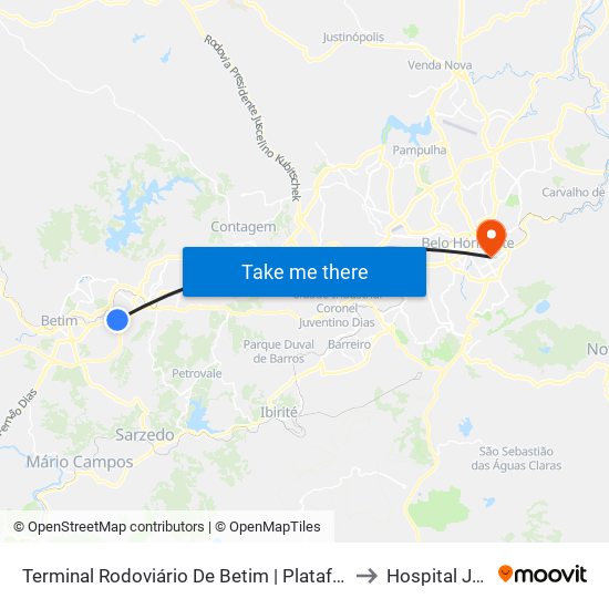 Terminal Rodoviário De Betim | Plataforma B1 - Sentido Bairro to Hospital João XXIII map
