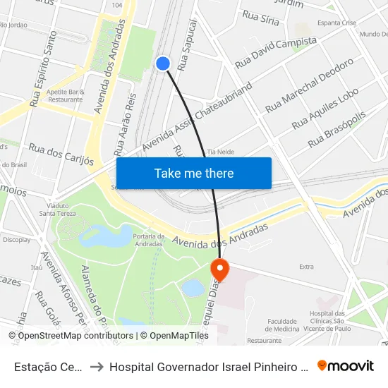 Estação Central to Hospital Governador Israel Pinheiro - IPSEMG map