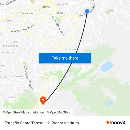 Estação Santa Teresa to Biocor Instituto map