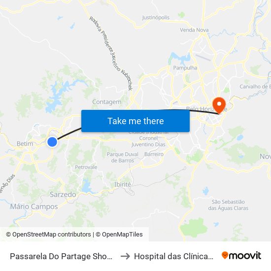 Passarela Do Partage Shopping Sentido Centro De Betim/Br-381 to Hospital das Clínicas São Vicente de Paulo - UFMG map