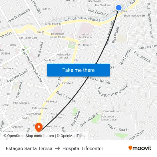 Estação Santa Teresa to Hospital Lifecenter map