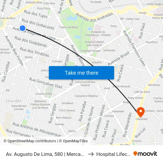 Av. Augusto De Lima, 580 | Mercado Central to Hospital Lifecenter map