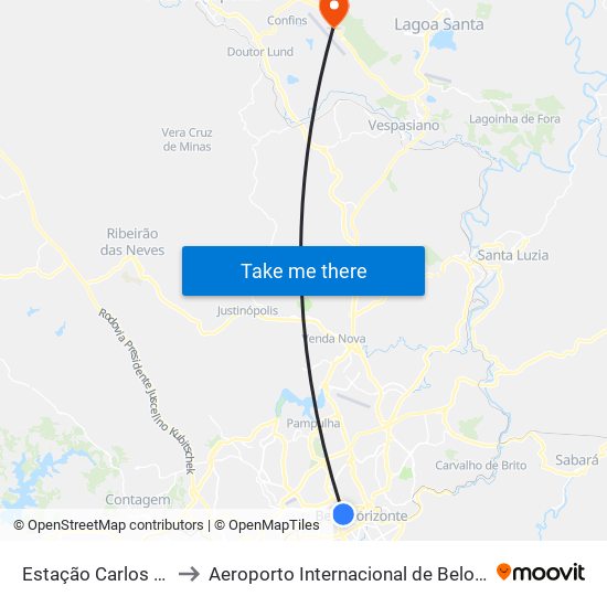 Estação Carlos Prates to Aeroporto Internacional de Belo Horizonte map