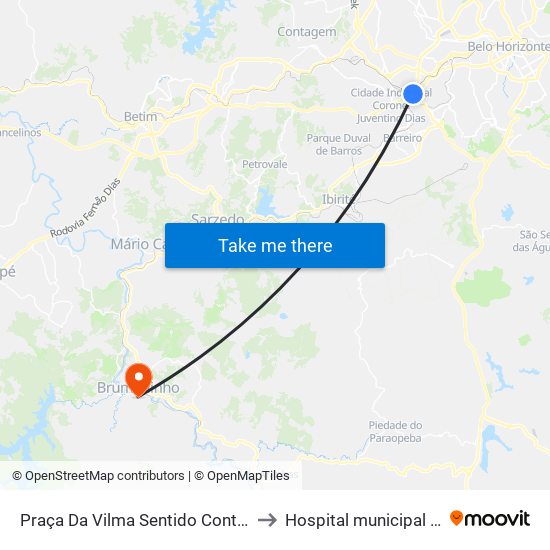 Praça Da Vilma Sentido Contagem/Betim/Barreiro to Hospital municipal de brumadinho map