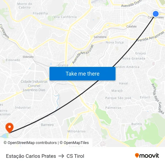 Estação Carlos Prates to CS Tirol map