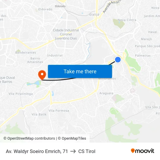 Av. Waldyr Soeiro Emrich, 71 to CS Tirol map
