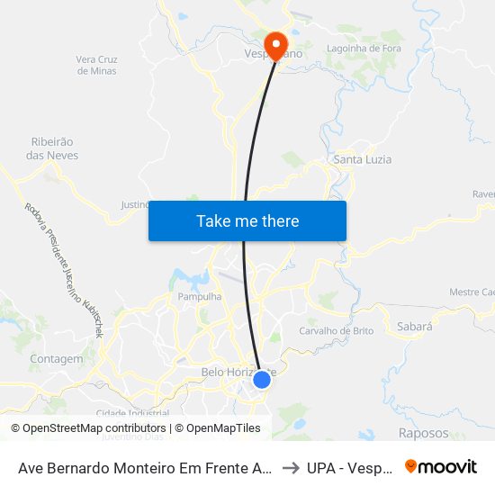 Ave Bernardo Monteiro Em Frente Ao Numero 572 to UPA - Vespasiano map