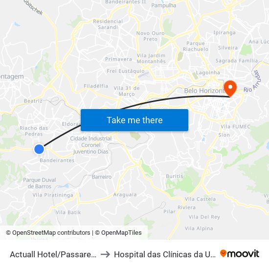 Actuall Hotel/Passarela Acesso Carrefour Contagem to Hospital das Clínicas da Universidade Federal de Minas Gerais map
