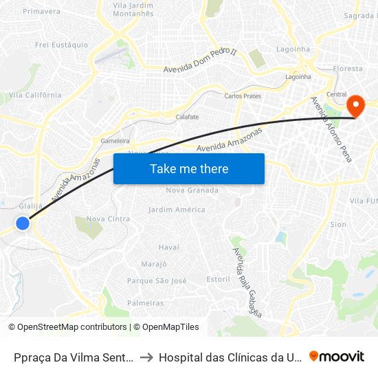 Ppraça Da Vilma Sentido Contagem/Betim/Barreiro to Hospital das Clínicas da Universidade Federal de Minas Gerais map