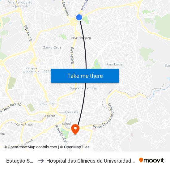 Estação São Gabriel to Hospital das Clínicas da Universidade Federal de Minas Gerais map