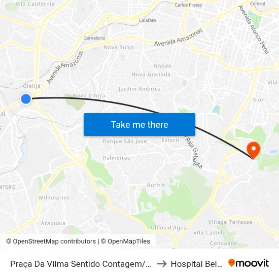 Praça Da Vilma Sentido Contagem/Betim/Barreiro to Hospital Belvedere map