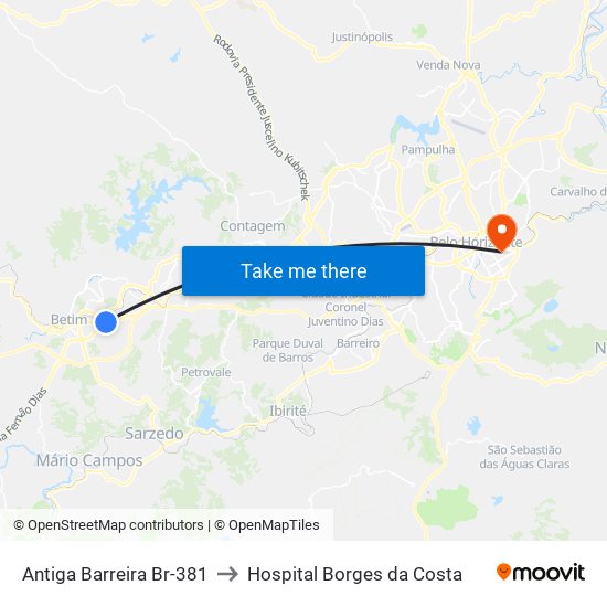 Antiga Barreira Br-381 to Hospital Borges da Costa map